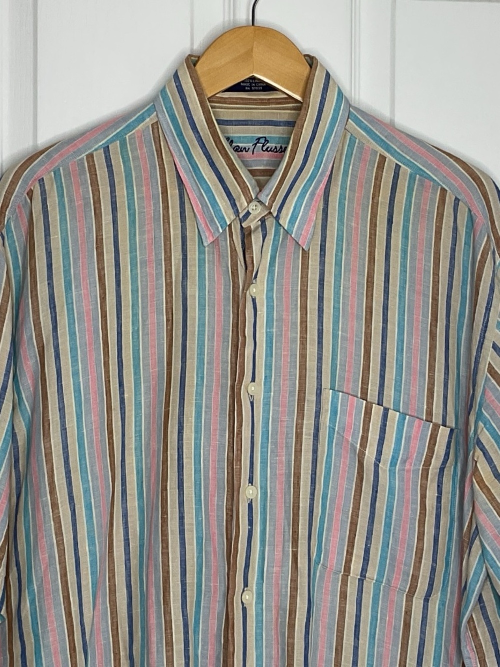 Allan Flusser 100% Linen Button Up Shirt Mens L Tan Blue Pink Striped Colorful